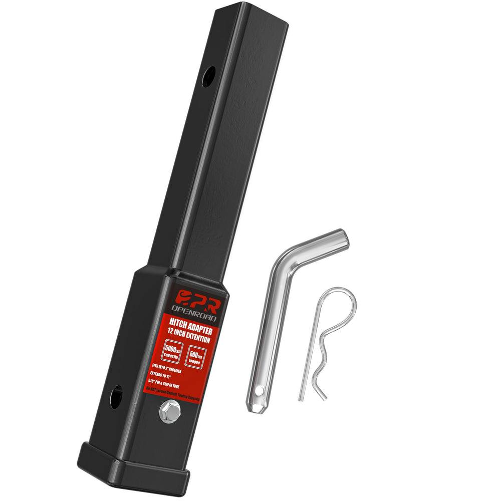 OPENROAD front view of 12-inch hitch extender showing sturdy shape and finish, adds reliable clearance