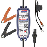 OptiMate front view showing compact charger and branding for easy storage