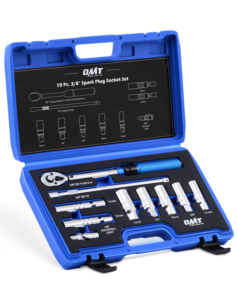 Orion Motor Tech front view of complete 10-piece spark plug set showing organized layout and portability