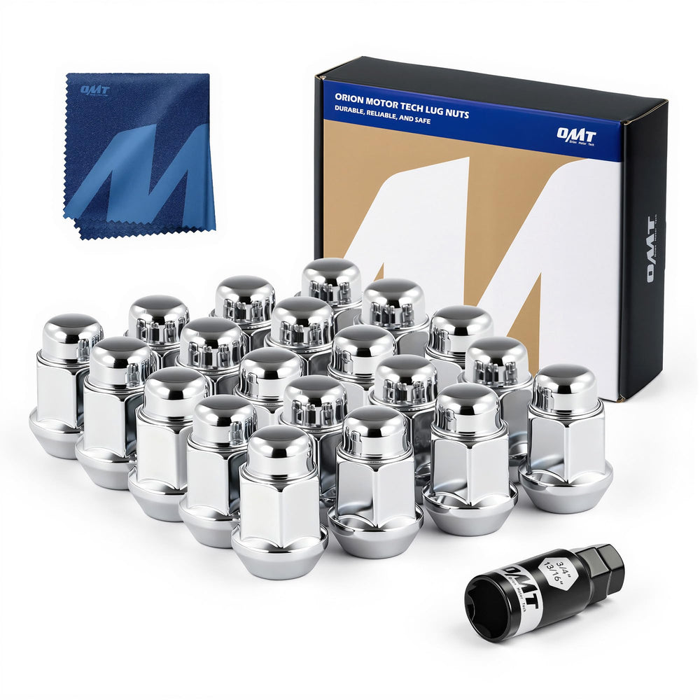 Orion Motor Tech front packaging showing 20-piece lug nut set and socket for easy replacement