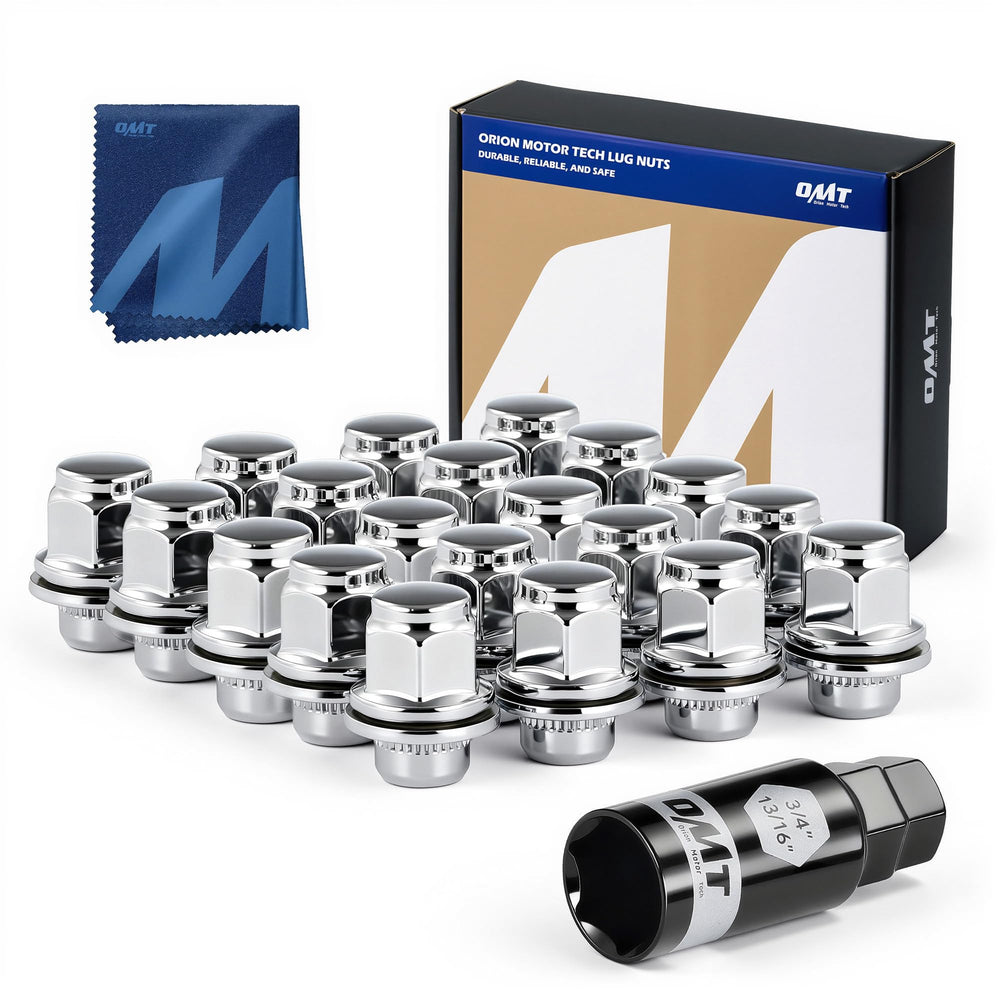 Orion Motor Tech front packaging showing 20 lug nuts and socket key, quick replacement
