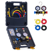 Orion Motor Tech manifold gauge front view showing ports and valves for accurate service