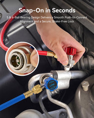 Orion Motor Tech quick couplers attached to gauge hose, secure snap-on pressure reading