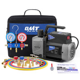 Orion Motor Tech front view of pump and gauge set showing kit completeness and portability