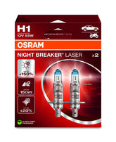 OSRAM Night Breaker Laser H1 front packaging showing two lamps and model number