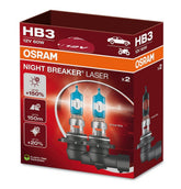 OSRAM Night Breaker Laser HB3 front packaging showing two bulbs and features benefit clearer purchase decision