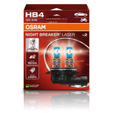 OSRAM Night Breaker Laser HB4 front packaging showing twin pack and branding, clearer night vision