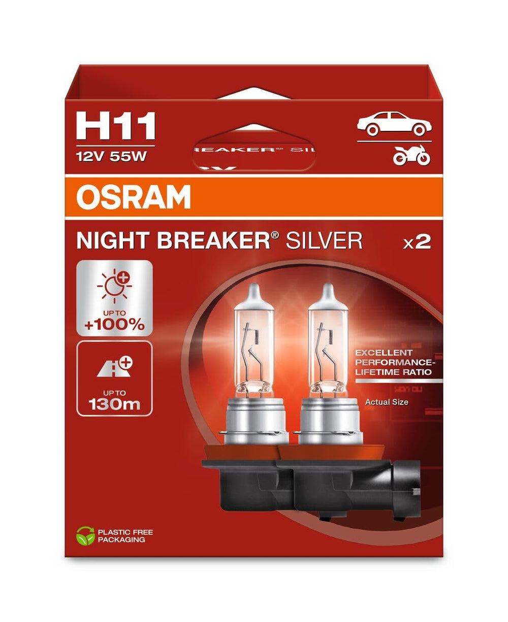 OSRAM Night Breaker Silver H11 front packaging showing twin pack and benefits