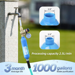 OULEME inline filter installed on RV hose demonstrating secure connection and safe water