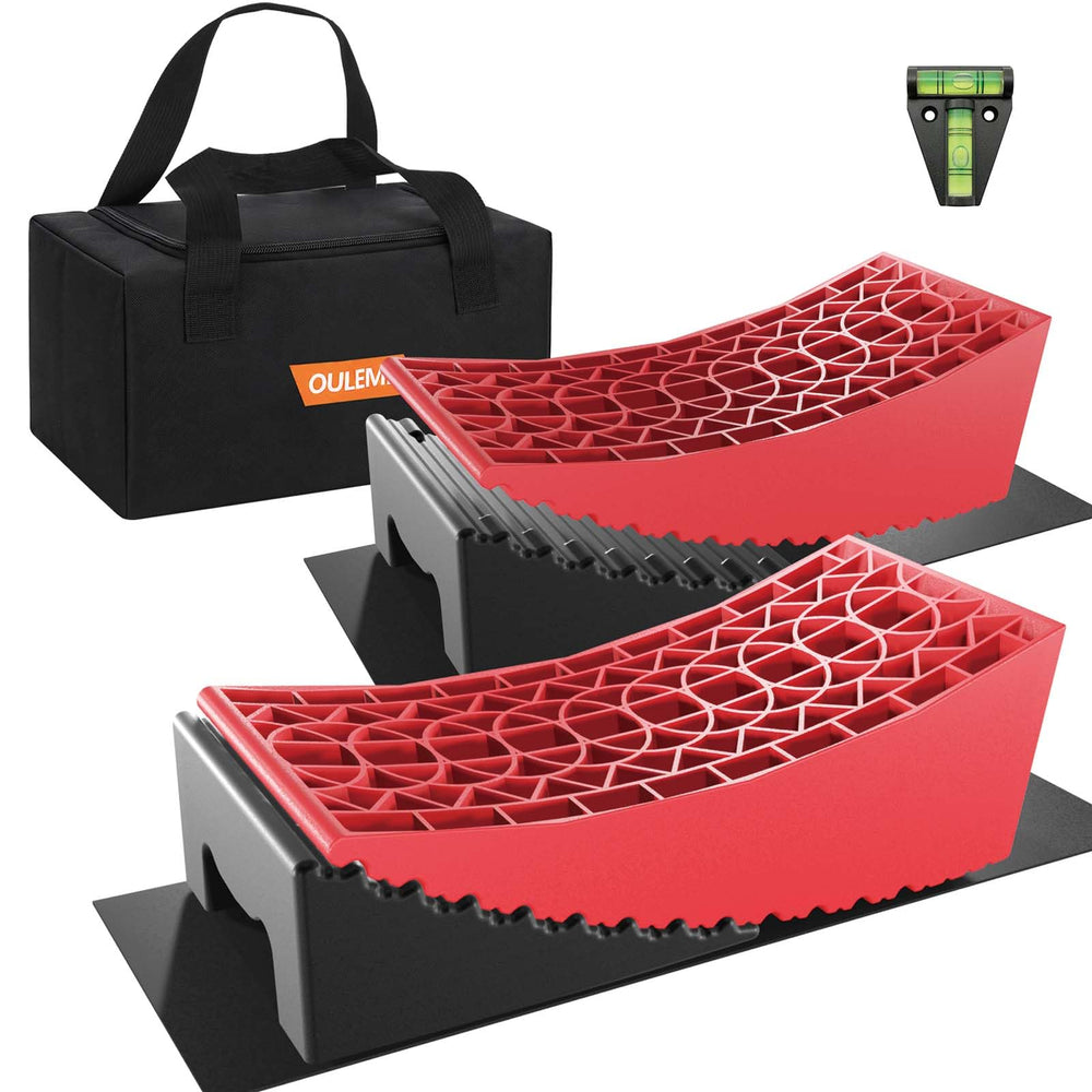OULEME kit front packaging showing all included leveling components and carry bag for easy transport