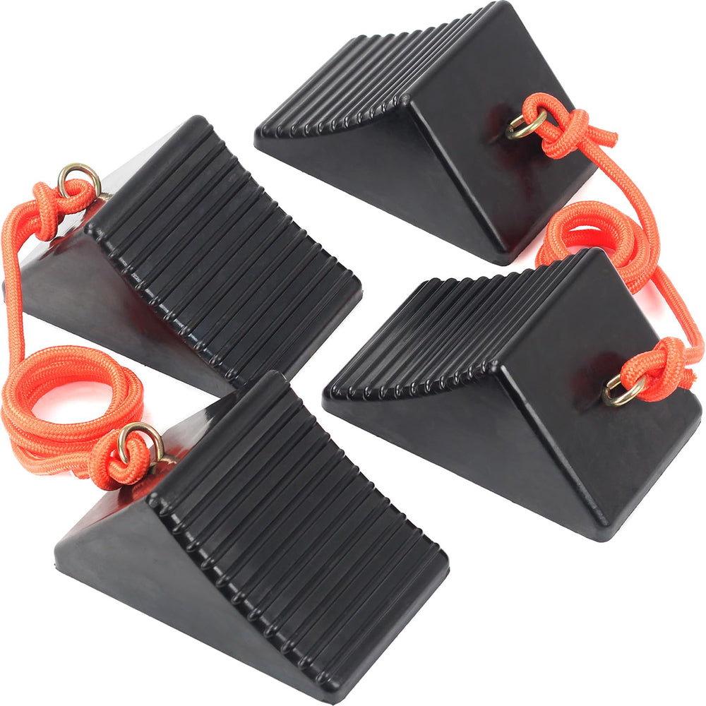 OULEME front view of four wheel chocks showing compact protection
