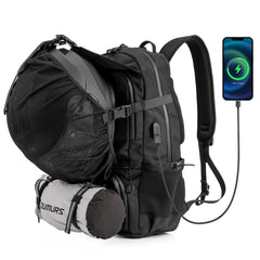 Oumurs backpack open to reveal helmet compartment and secure straps