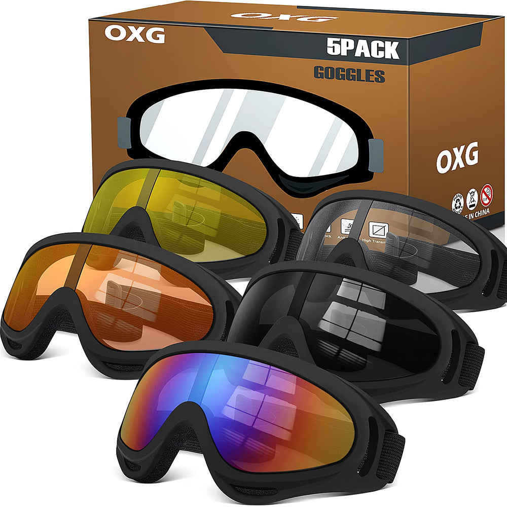 OXG front view of 5-pack goggles showing full set and color variety, clear protection