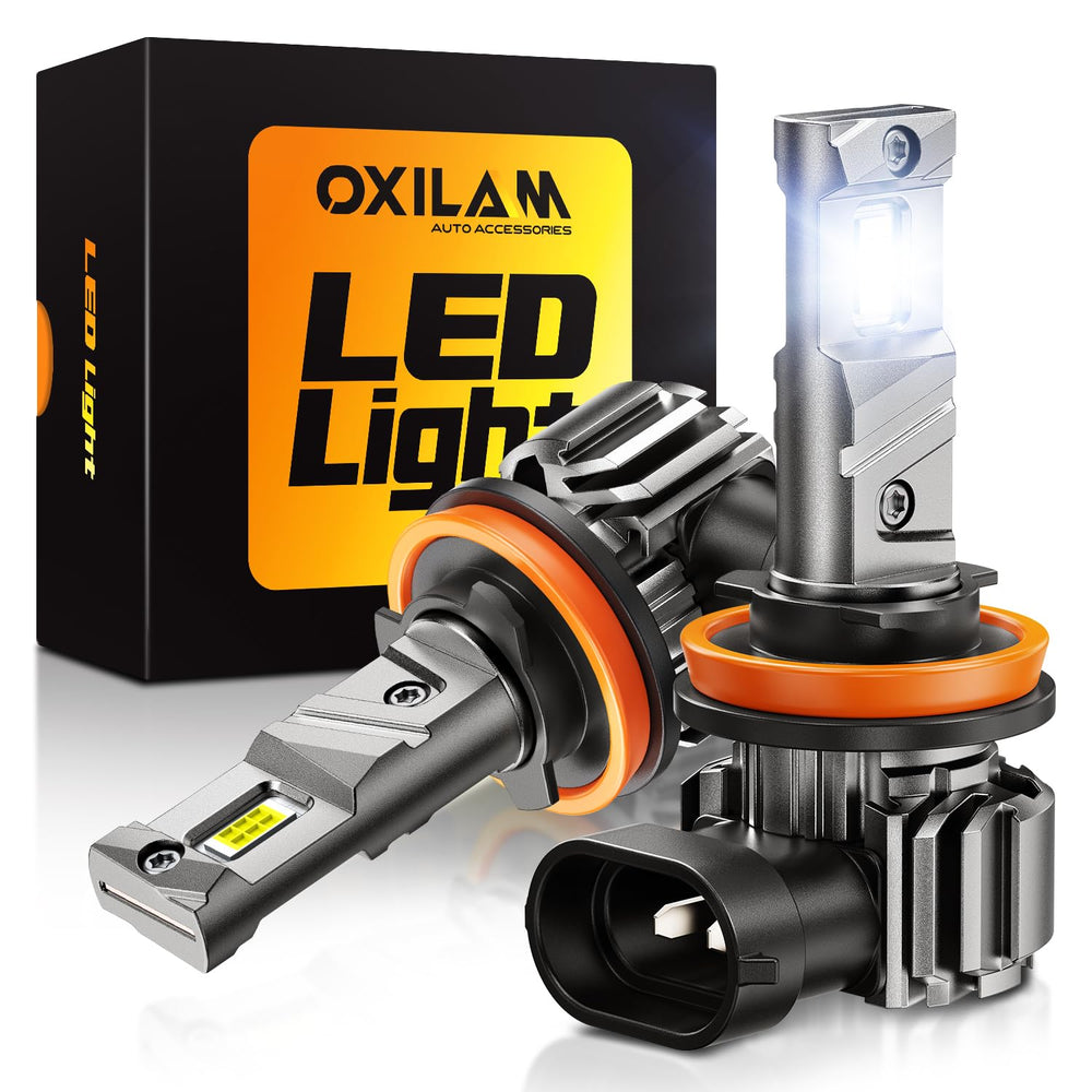 OXILAM front packaging showing H11/H9 bulbs and pack of two, clear product benefit
