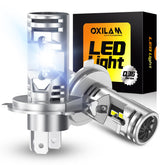OXILAM front view pair H4 9003 LED bulbs showing plug-and-play benefit