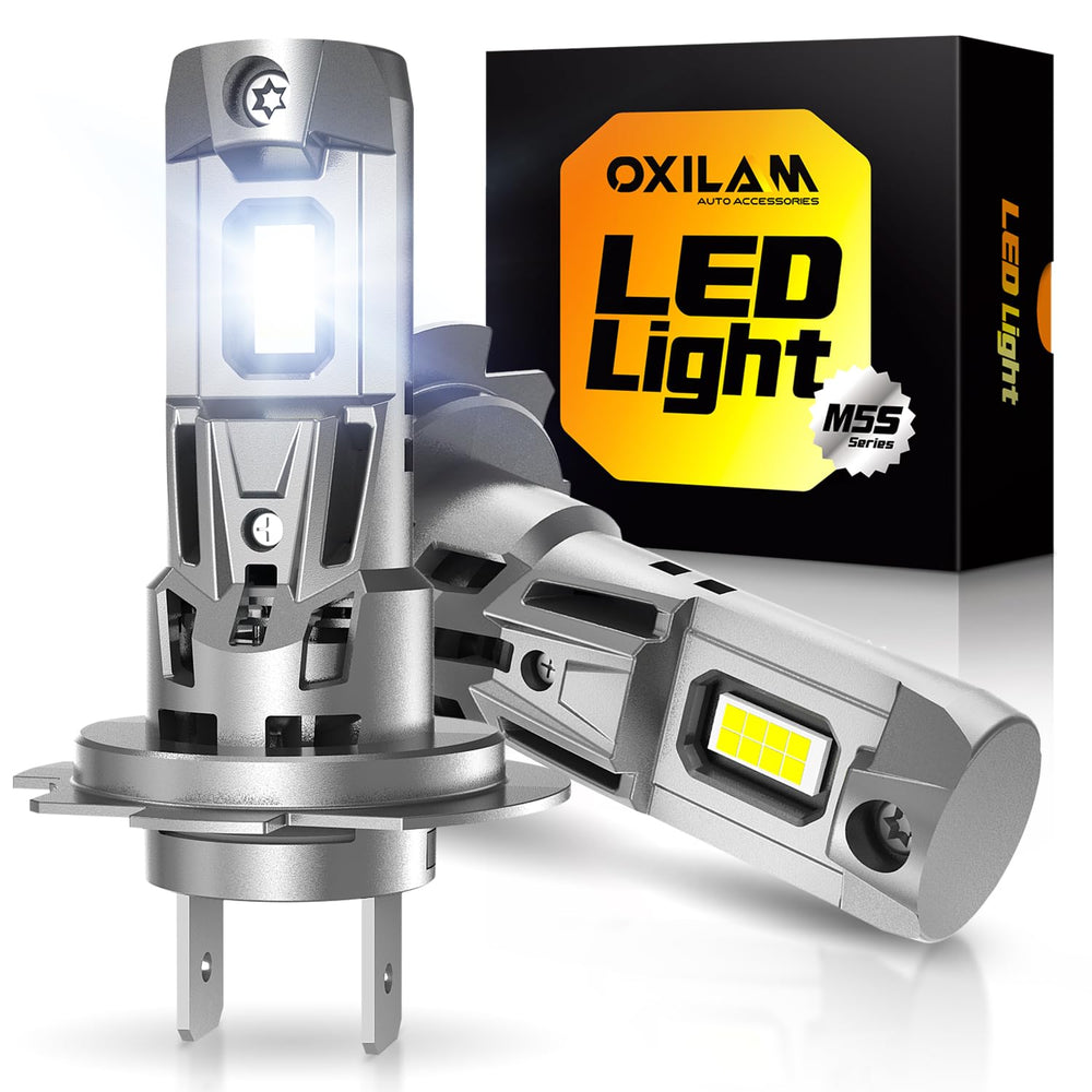 OXILAM front view of both H7 bulbs showing compact 1:1 design and easy install benefit