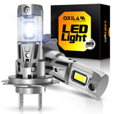 OXILAM front view of both H7 bulbs showing compact 1:1 design and easy install benefit