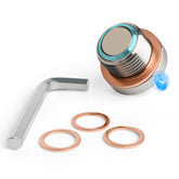 OxyGenie front view drain plug showing stainless body and fitment benefits