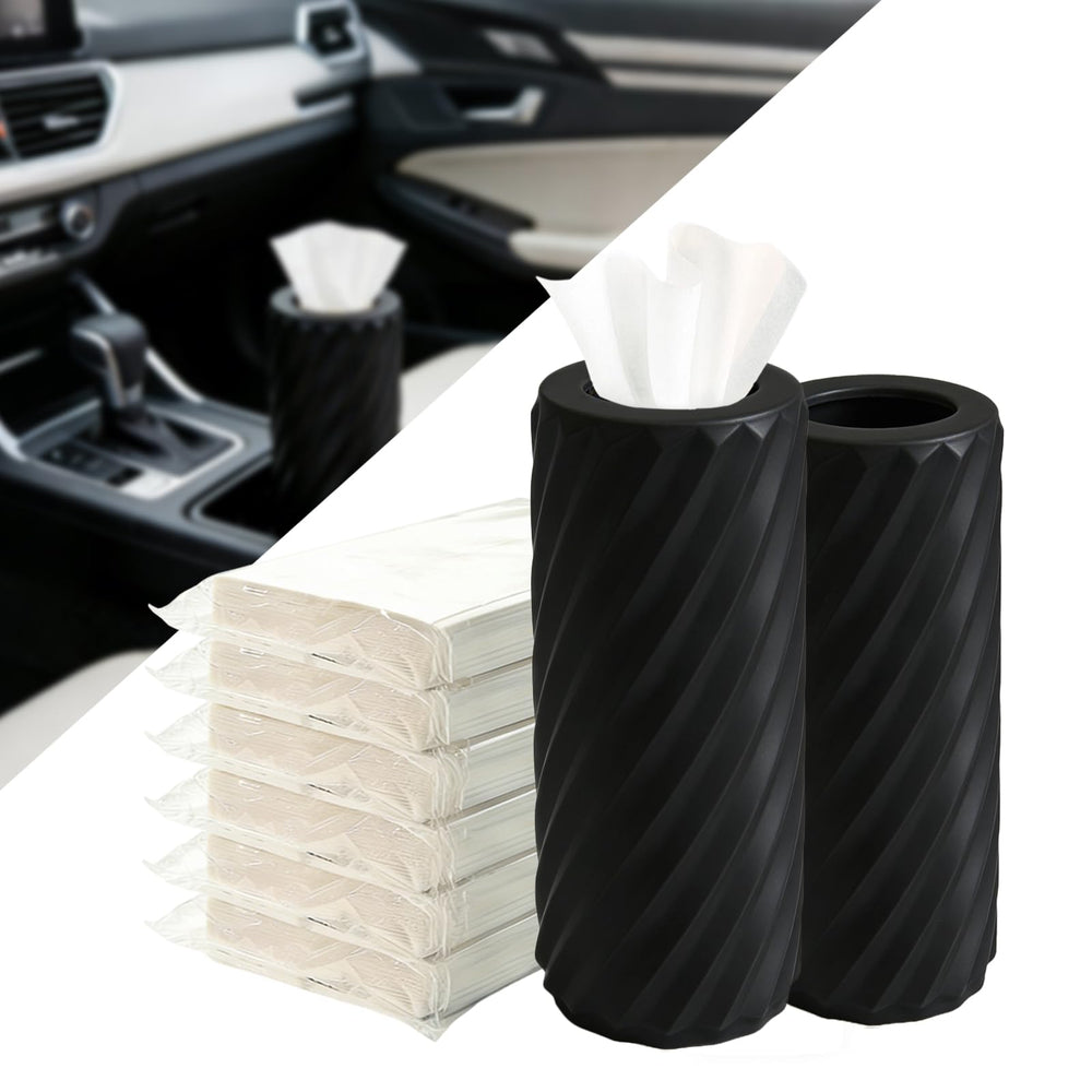 OYIXIO front view of two black tissue canisters showing tidy packaging and convenience