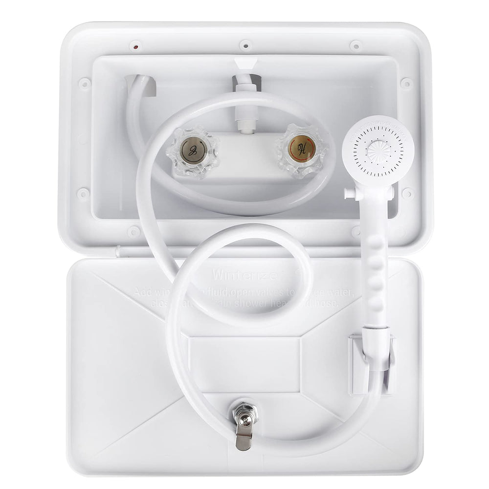 OYMOV exterior shower box front view showing sleek matte finish and compact design for curb appeal