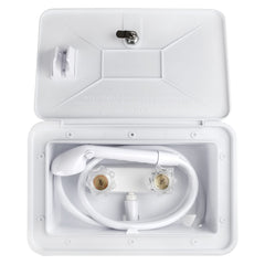 OYMOV shower box open revealing built-in faucet and dual knobs for easy temperature control