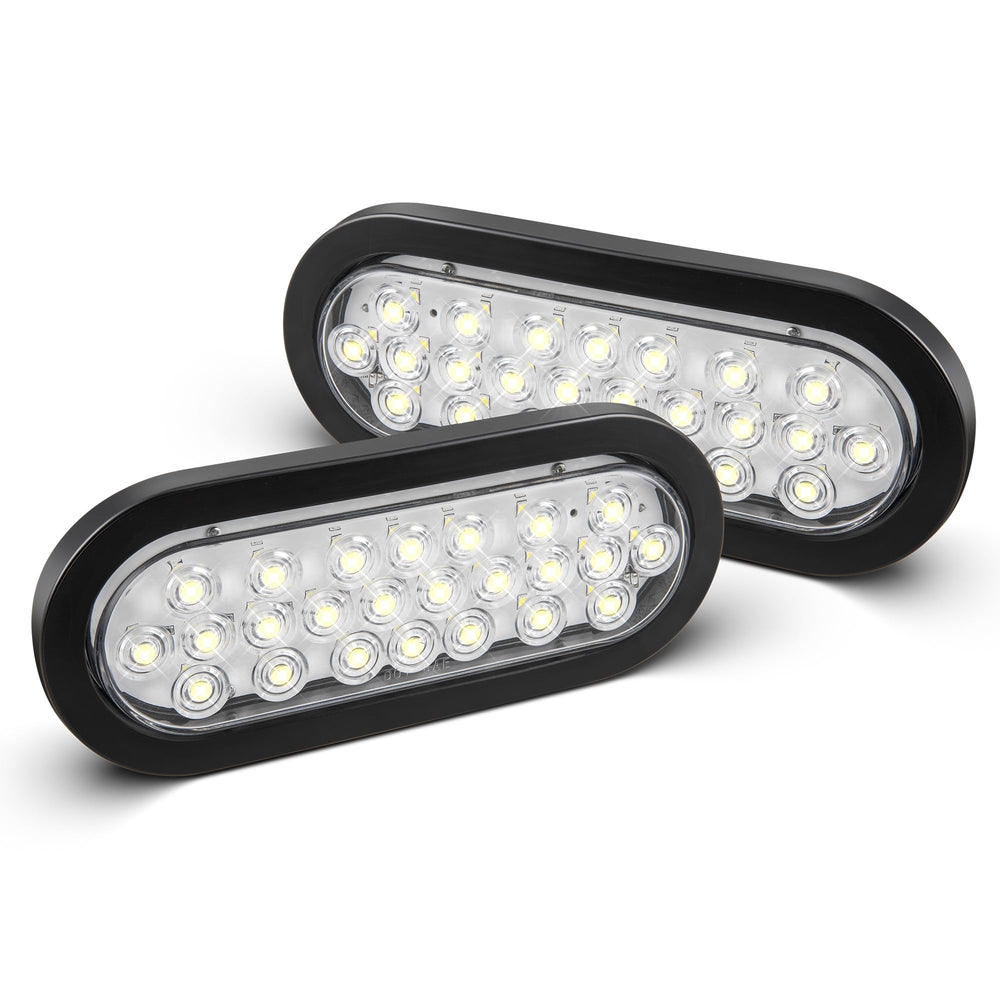 Oyviny front face of 6-inch oval LED light showing clear lens and bright visibility