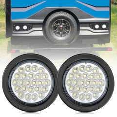 Oyviny front view of 4-inch round LED pair showing bright lens and compact casing