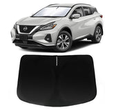 PAIMOHO front view of custom sun shade fitted to Murano windshield showing neat coverage and protection