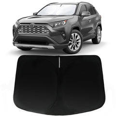 PAIMOHO front-fit sun shade installed showing exact RAV4 windshield coverage and sun protection