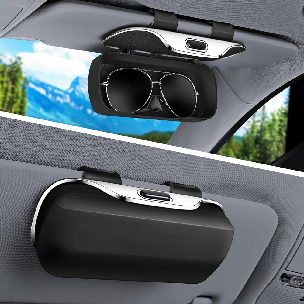 Pakanana front view of visor-mounted sunglass case showing sleek black finish and benefit of neat storage