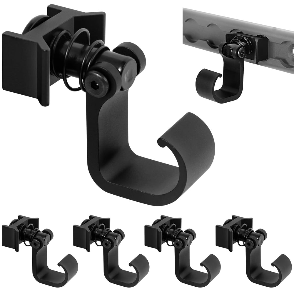 PALOZO front view of five black L Track hooks showing compact pack and durable finish