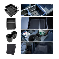 PELEG TREE front view showing full 5PCS console kit, improves Tesla storage