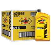 Pennzoil front label on quart bottle showing product identity and benefits