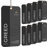 Perfa pack front view showing Greed scent and nine cards, highlights convenience
