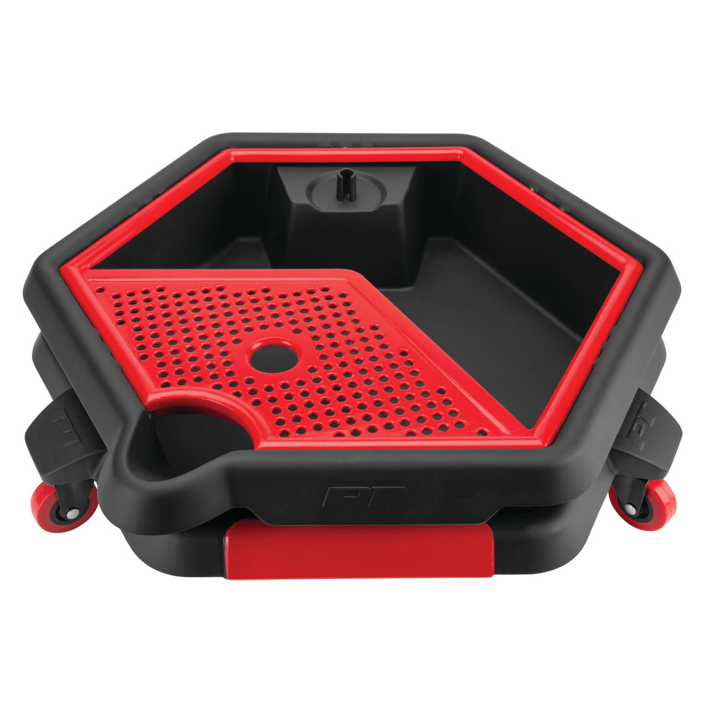 Performance Tool W4074 front view showing pan and caddy for organized oil changes