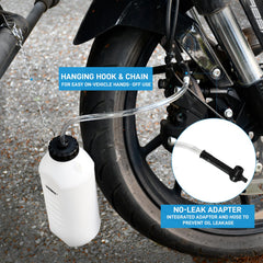 PESIKO bottle in use on vehicle illustrating tidy brake fluid capture and reduced workshop mess