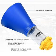 PESIKO funnel installed on Subaru engine enabling hands-free oil pouring