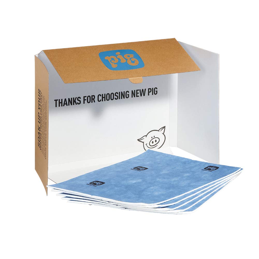 PIG front packaging showing five blue and white absorbent mats, fast cleanup