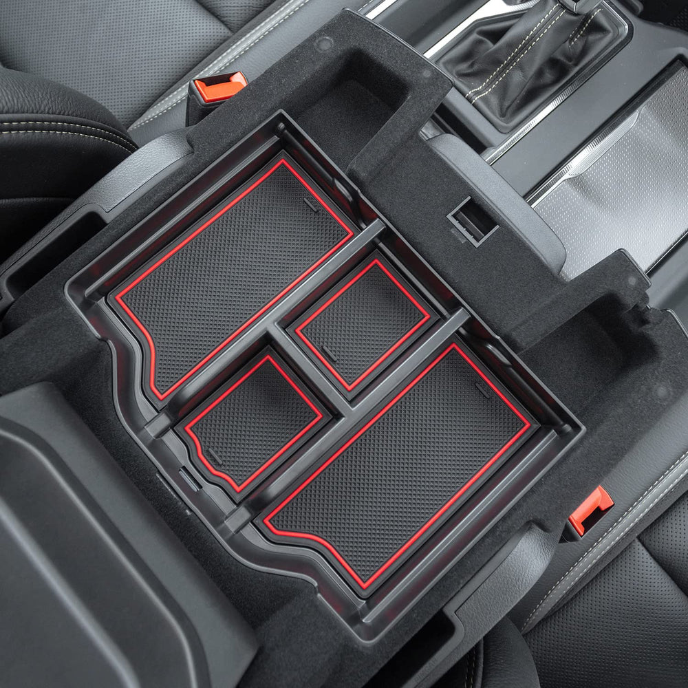 PIMCAR front view of tray showing red trim and tidy compartments for organized storage