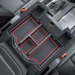 PIMCAR front view of tray showing red trim and tidy compartments for organized storage