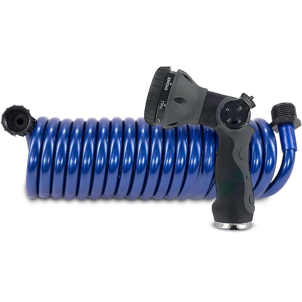 Plastair front view of coiled blue SpringHose showing compact storage benefit