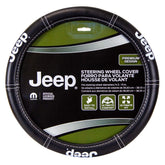 Plasticolor Jeep steering wheel cover front view showing logo and fit benefit