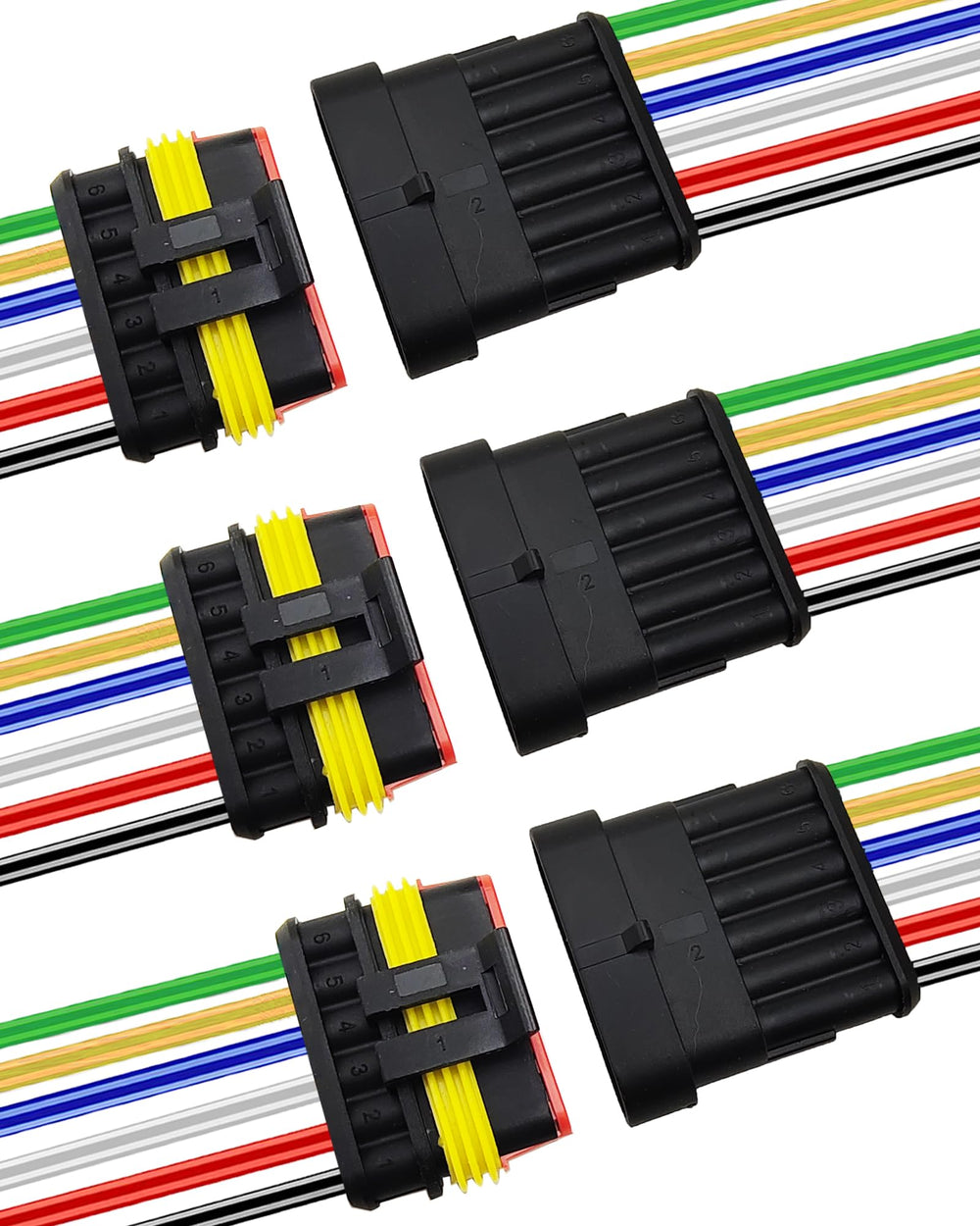 PLUXPAER front view of three 6-pin connector pairs showing compact, ready-to-install design