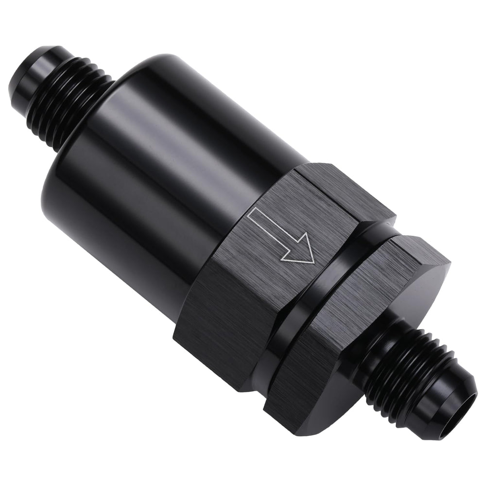 Podavelle 6AN billet inline fuel filter front view showing inlet and outlet ports benefits leak-resistant connection