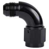 Podavelle 90° AN6 adapter front view showing black anodized finish and compact profile for space-saving routes