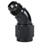 Podavelle front view of black anodized 45° AN6 adapter showing finish and ports, durable finish benefit