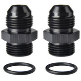 Podavelle front view of two -8 AN to -8 ORB adapters showing finish and shape, durable connection