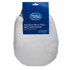 Poli Glow mitt front view showing microfiber texture and even product spread benefit