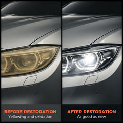 POLIWELL before-and-after headlight lens showing restored clarity benefit