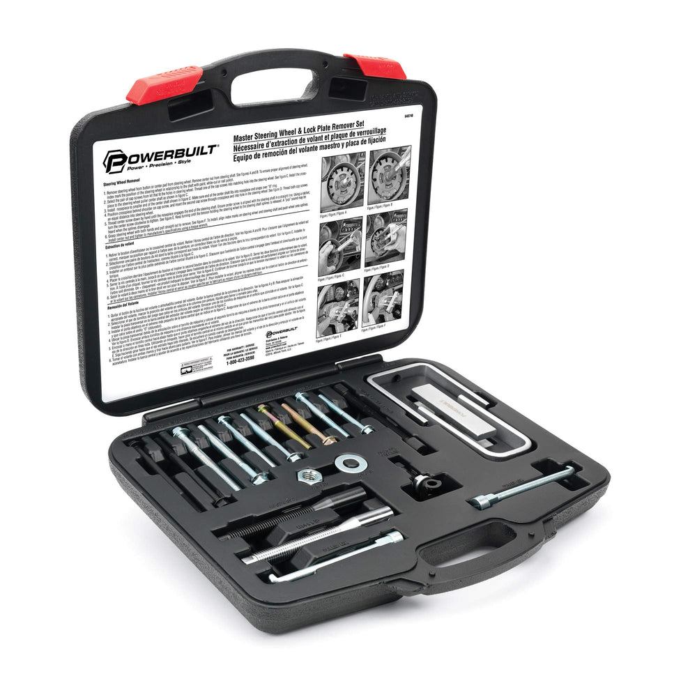 Powerbuilt front view of open case showing organized puller set and benefits of quick access